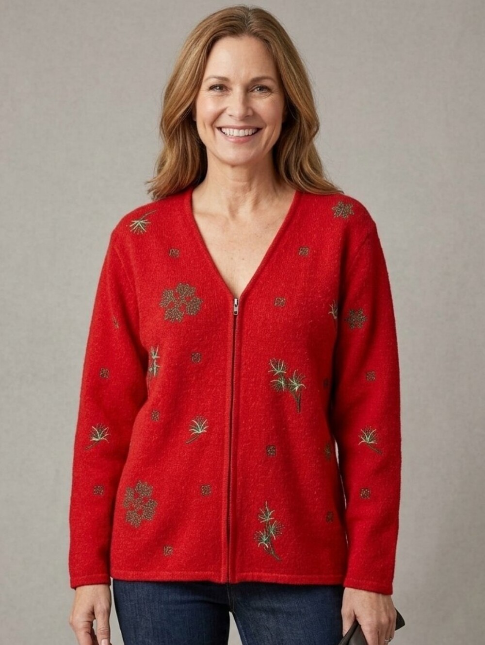 Red Embroidered Zip-Front Women’s Sweater